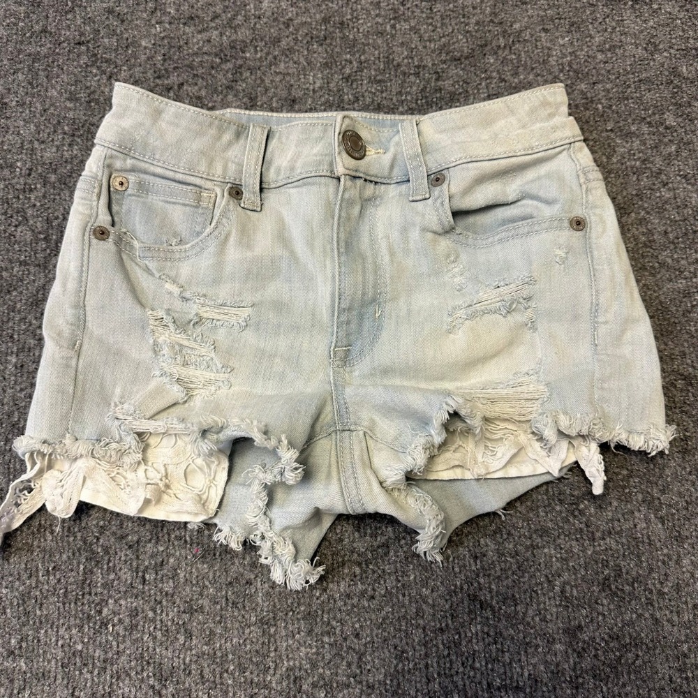 American Eagle Denim Shorts Womens Size 0 Light Wash Distressed Lace Festival